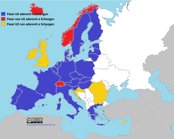 Carta geografica dei Paesi (non) aderenti a Schengen