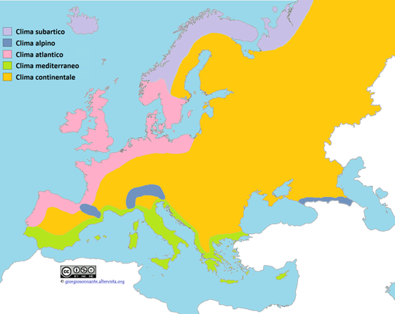Carta geografica delle fasce climatiche europee